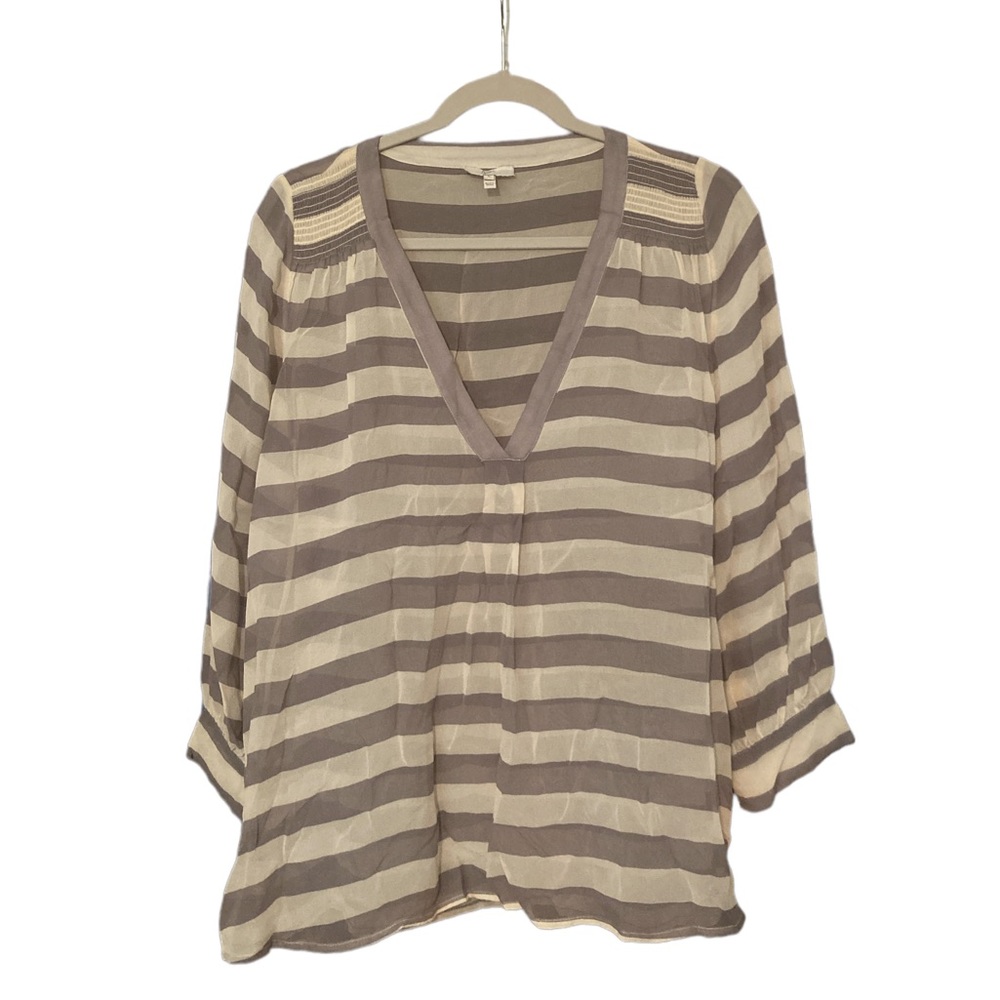 Joie 100% Silk Blouse Small Gray White Stripe Sheer Popover Long Sleeve Smocking